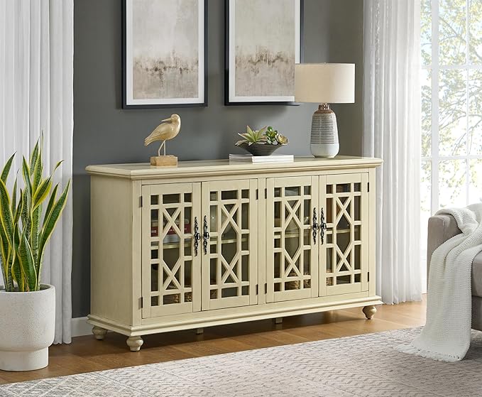 Martin Svensson Home Orsey 63" Solid Wood TV Stand - Antique Cream White Finish - Rustic Style and Parisian Design Inspired - with Two Spacious Cabinets with Adjustable Shelves for Storage.