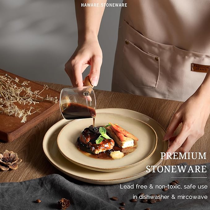 HaWare Plates and Bowls Set, Stoneware Dinnerware Sets, 18-Piece Hand-painted Dishware for 6, Scratch Resistant Ceramic Dinner Set for Home Kitchen, Microwave and Dishwasher Safe, Reactive Sandy Khaki