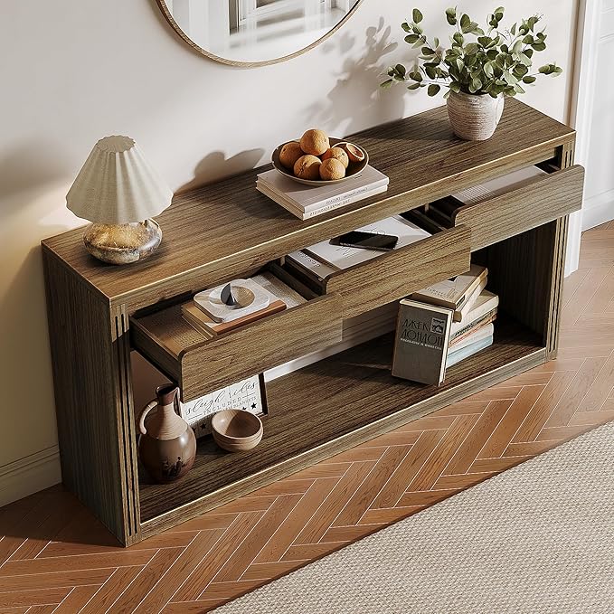 Treocho 63.9" Long Console Tables for Entryway, Farmhouse Entryway Table with Drawers, Narrow Sofa Table Behind Couch Table for Living Room, Entrance, Hallway, Walnut