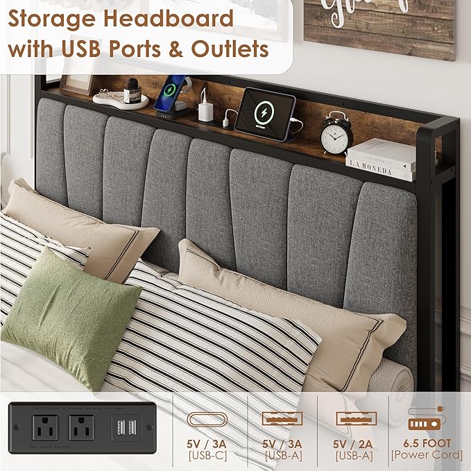 Queen Size Bed Frame with 2 Storage Drawers and Charging Station, Rustic Linen Upholstered Platform Bedframe with Storage Headboard, Heavy Duty, No Box Spring Needed, Easy Assembly, Noise Free, Grey