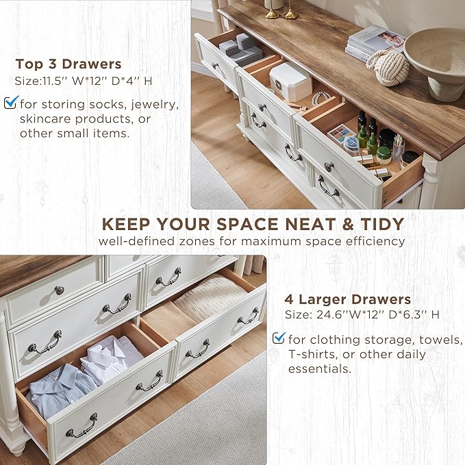 T4TREAM Farmhouse 7 Drawers Dresser Chests for Bedroom with 4 Solid Wood Feet, Tall Wide Wood Country Rustic Chest of Drawers, Storage Dressers for Bedroom, Living Room, Antique White