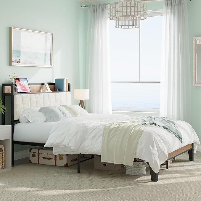 LIKIMIO Queen Bed Frames, Storage Headboard with Charging Station, Solid and Stable, Noise Free, No Box Spring Needed, Easy Assembly, Wood and Cream