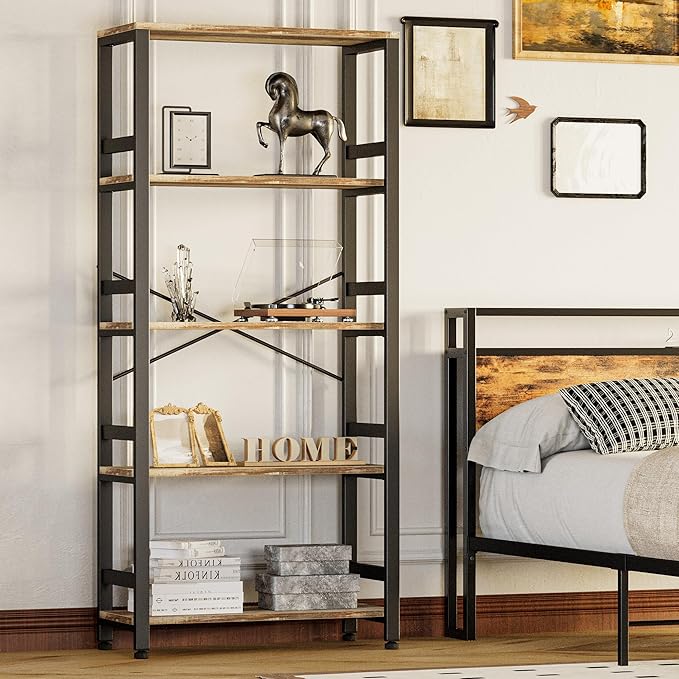 IRONCK Bookshelves and Bookcases, 31.5in Wide Shelf 5-Tier Ladder Shelf 110lbs/shelf Vintage Industrial Style Bookcase for Bedroom Living Room Home, Rustics Brown