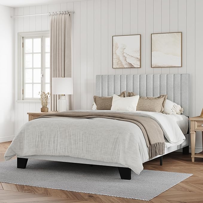 Full Size Bed Frame, Fabric Upholstered Platform Bed with Adjustable Headboard, Sturdy Frame and Wooden Slats, Noiseless, No Box Spring Required, Easy to Assemble, Light Grey