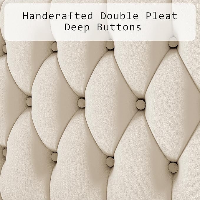 Queen Size Velvet Upholstered Bed Frame, 49.2" Tall Wingback Headboard, Deep Button Tufted, No Box Spring Needed, Solid Wood Legs, White
