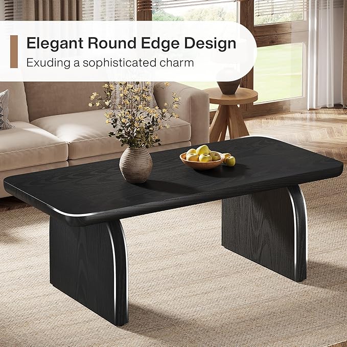 Tribesigns Farmhouse Coffee Table for Living Room, 47-Inch Mid-Century Rectangular Center Table with Rounded Corners, Modern Low Large Cocktail Tea Furniture, Easy Assembly (Black)
