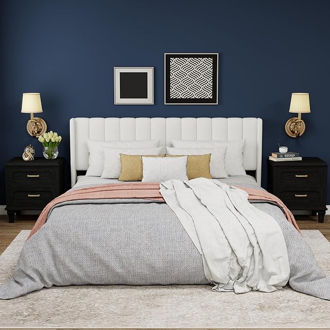 Upholstered Platform King Size Bed Frame with Headboard Wooden Slats Support No Noise Easy Assembly White Linen