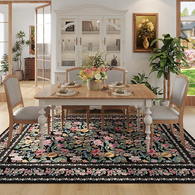 5x7 Washable Rug Vintage Floral Area Rug Non Slip Low Pile Large Rugs for Living Room, Bedroom, Farmhouse, Dining Room, Kids Playroom, Black