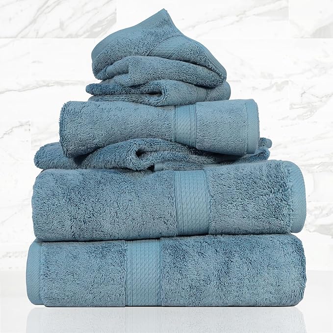 Superior Egyptian Cotton Pile 6 Piece Towel Set, Includes 2 Bath, 2 Hand, 2 Face Towels/Washcloths, Ultra Soft Luxury Towels, Thick Plush Essentials, Guest Bath, Spa, Hotel Bathroom, Denim Blue