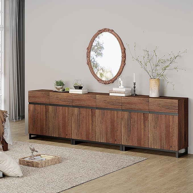 WAMPAT Modern TV Stand for 75-110 Inch TVs, Wooden Entertainment Center TV Console with Metal Base and Adjustable Shelves for Living Room, Bedroom, 94.5 Inch, Brown