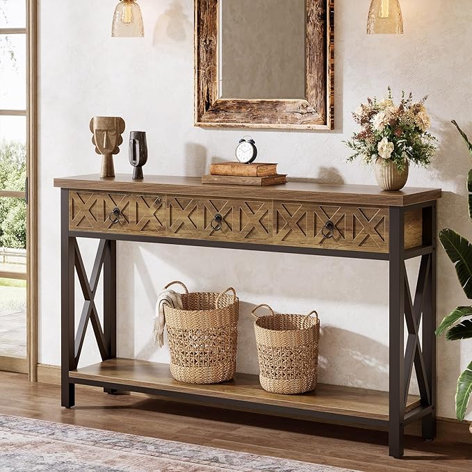 Tribesigns Farmhouse Narrow Console Table with 3 Drawers, 55" Long Rustic Entryway Table with 2-Tier Storage Shelf, Behind The Sofa Furniture for Living Room, Entrance, Hallway, Foyer, Brown & Black