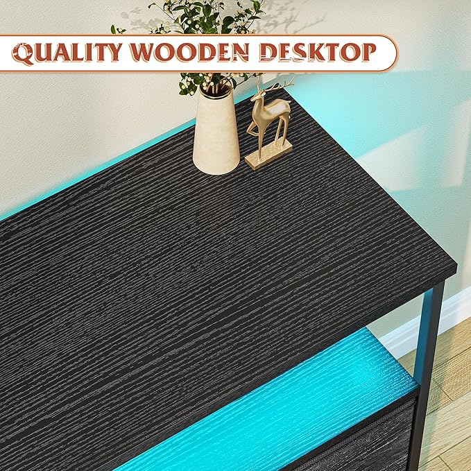 TV Stand Dresser with LED Lights & Power Outlets, Entertainment Center for 50" Inch TV, 5 Drawers TV Stand for Bedroom Dresser with Shelves for Living Room, Sturdy Metal Frame, Black