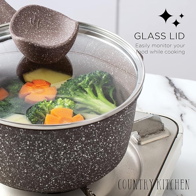 Country Kitchen Non-Stick Cast Aluminum Cookware Set - Durable Kitchen Cookware for Everyday Cooking, Chocolate Brown, 6 Pc.