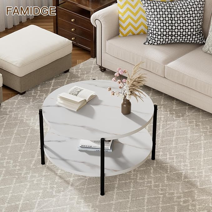Round Coffee Table, 27.6" Circle Coffee Table for Living Room, 2-Tier Wood Accent Center Table with Open Storage Industrial Design Home Furniture, White