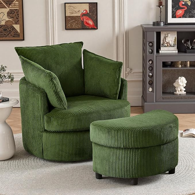 Swivel Accent Chair with Ottoman Comfy Reading Chairs for Bedroom Modern Corduroy Arm Chair 360°Swivel Barrel Chairs for Living Room,Apartment (Green, 2)