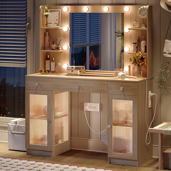 Makeup Vanity with Glass Top, Oak Vanity Desk with Mirror and Lights, Big Vanity with Drawers & Cabinets for Bedroom, Cute Vanity with Crystal Knobs & Power Outlet for Women, Girls