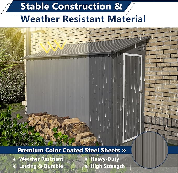 Shed Lean to Storage Shed, Outdoor 4' x 8' Metal Wall Side Storage Sheds & Outdoor Storage, Garden Storage Cabinet for Backayrd, Patio and Outdoor Use,Grey