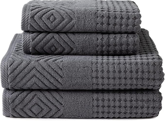 Texere 100% Organic Cotton Diamond Jacquard 700 GSM Luxury Bath Towel Sets - Ultra Soft and Absorbent Hotel and Spa Quality (Diamond, Charcoal, 2 Bath & 2 Hand Towels)