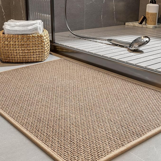PADOOR Non-Slip Bath-Mats, Rubber-Backing Braided Absorbent Bathroom Mat, Machine Washable Thin Bathroom Rugs, Fit Under Door, Quick Dry, 24''x35'' Beige