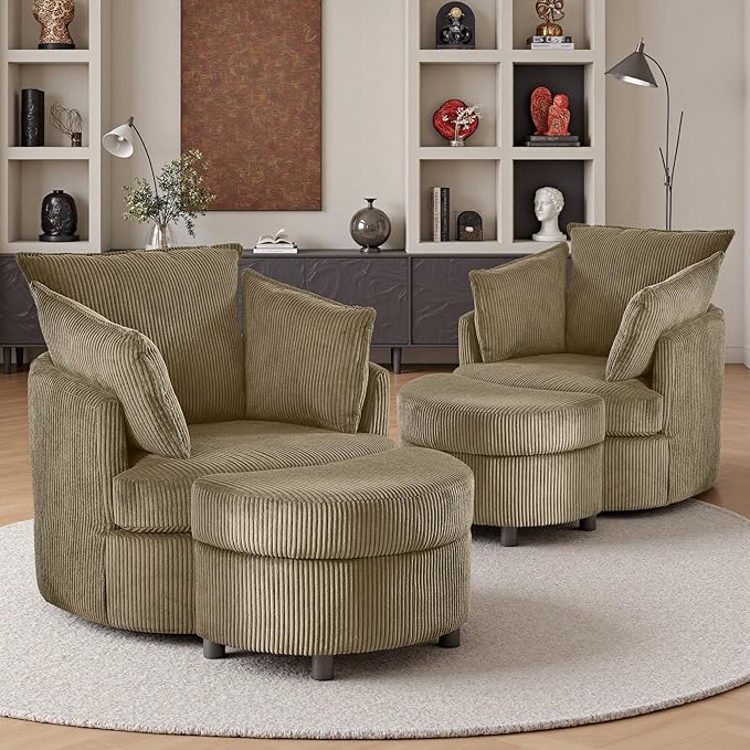 Swivel Accent Chair with Ottoman Comfy Reading Chairs for Bedroom Modern Corduroy Arm Chair 360°Swivel Barrel Chairs for Living Room,Apartment (Brown, 2)