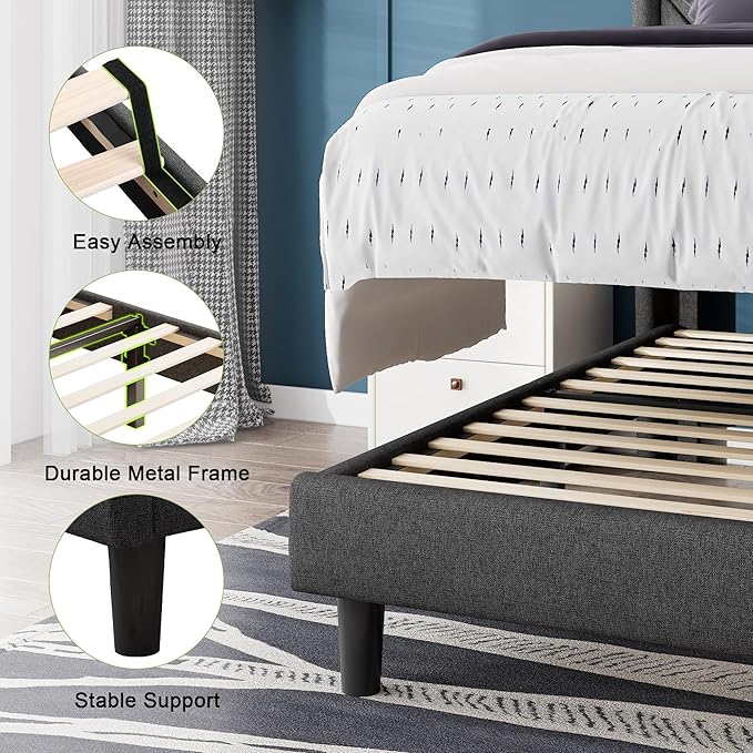 Feonase Twin Size Bed Frame with Charging Station, Upholstered Linen Platform Bed Frame with Wingback Headboard, Solid Wood Slats Support, No Box Spring Needed, Noise Free, Charcoal Grey