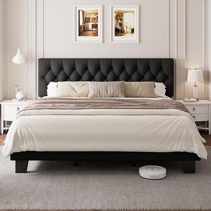 King Upholstered Bed Frame with Headboard, Button Tufted Linen Bed Base, Platform Bed with Heavy Duty Wood Slat Support, Noise Free, Easy Assembly, No Box Spring Needed, Black