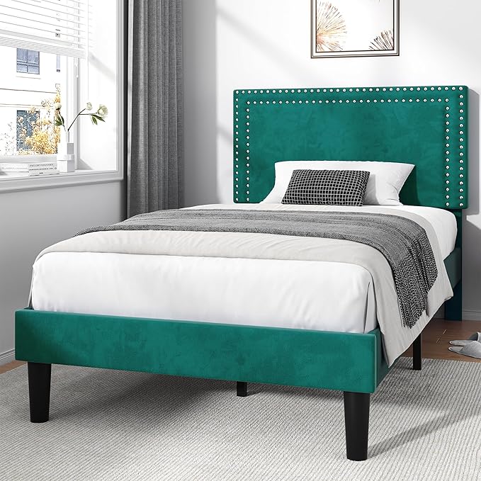 VECELO Twin Size Platform Bed Frame with Height Adjustable Upholstered Headboard, Modern Mattress Foundation,Strong Wood Slat Support, No Box Spring Needed, Easy Assembly