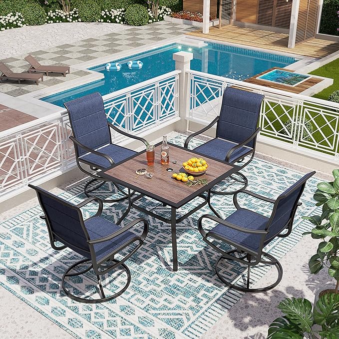 PHI VILLA 5 Piece Outdoor Patio Dining Set with 4 Padded Swivel Dining Chairs & 1 Wood-Look Dining Table, All Weather Blue Chair and Metal Table for Deck Lawn Garden