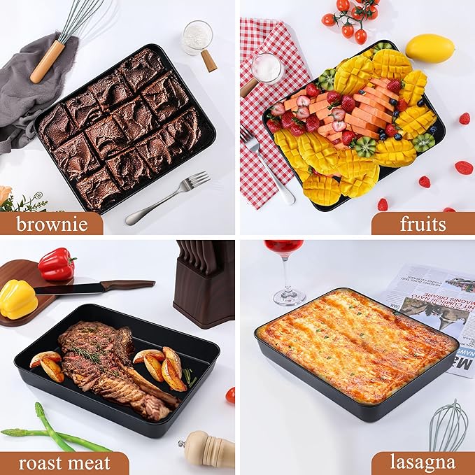 LIANYU Non-stick Baking Cake Pan, 12⅓ x 9¾ x 2 Inch Lasagna Brownies Bread Casseroles Pan, Stainless Steel Rectangle Bakeware for Toaster Oven, Non-Toxic & Healthy Coating, Easy Release