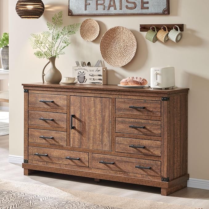 T4TREAM Farmhouse 8 Drawers Dresser for Bedroom, 54" Wide Wood Chest of Drawers w/Storage Cabient & Adjustable Shelf, Rustic Dressers Organizer for Living Room, Hallway, Reclaimed Barnwood