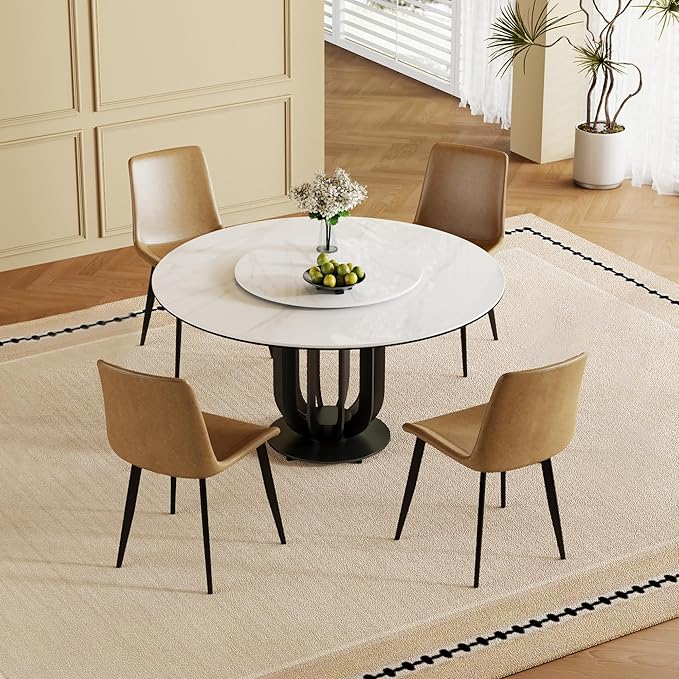 59" Round Modern Marble Dining Table with Lazy Susan, Sintered Stone Top for Kitchen, Dining Room, Dinette, Space Saving Design