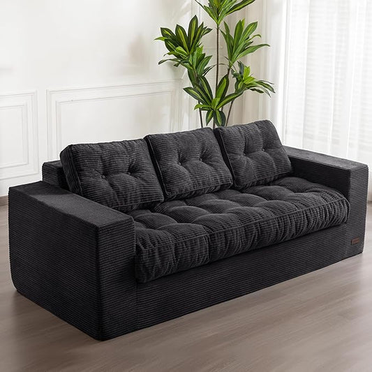 MAXYOYO 3 Seater Couch for Living Room, Boneless Couch with Tufted Cushion & Backrest, Upholstered Floor Sofa with Armrests, Sofa in A Box, No Assembly Required, Black