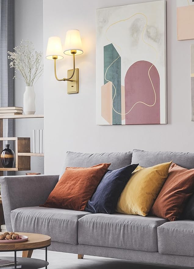 Vintage 2-Lights Wall Sconces with Funnel White Fabric Shades, Double Head Bathroom Vanity Lights Fixture, Indoor Wall Lamps for Bedroom Living Room Hallway Stairway