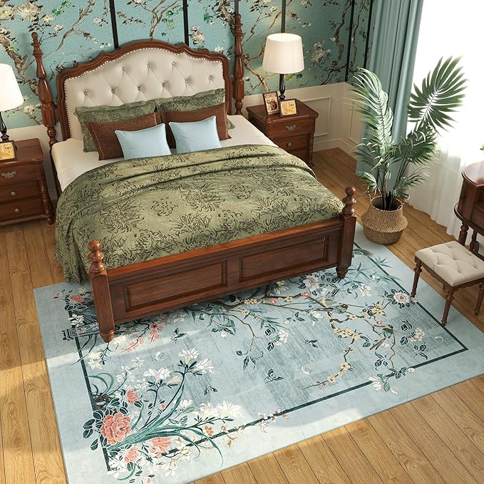 5x7 Area Rugs Chinoiserie-Style Floral Vintage Large Washable Rug Non Slip Low Pile for Living Room, Bedroom, Farmhouse, Dining Room, Kids Playroom, Blue