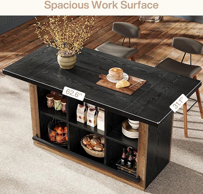 Tribesigns Kitchen Island with Storage, Counter Height Kitchen Island Table with 6 Open Cubbies and Footrests, Coffee Bar Table for Dining Room