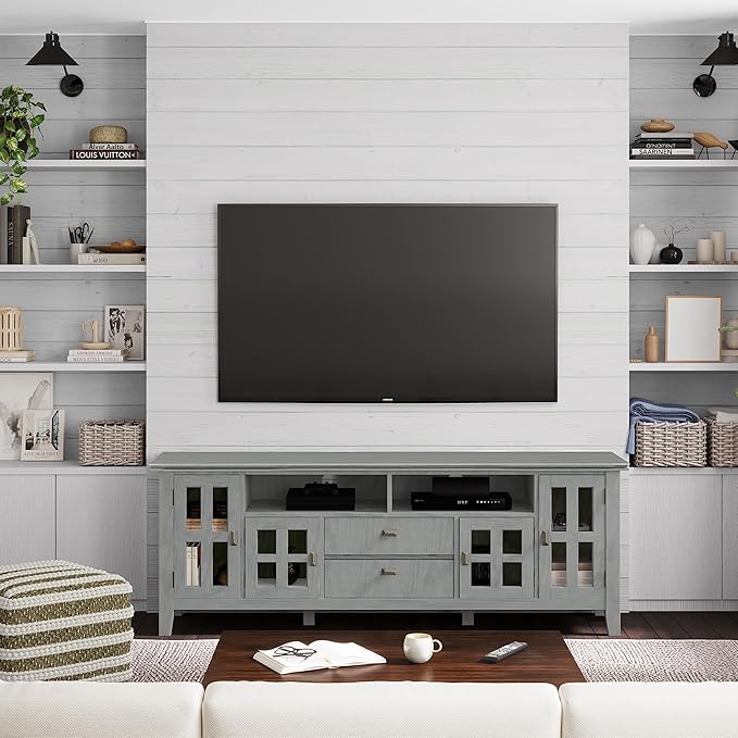 SIMPLIHOME Artisan SOLID WOOD 72 Inch Wide Contemporary TV Media Stand in Fog Grey for TVs up to 80 Inches, For the Living Room and Entertainment Center