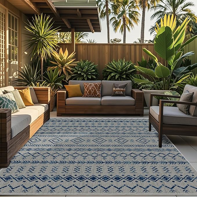 Outdoor Rug Multi Colored Rug Tropical, Botanical Bohemian Modern Floral Rug Textured Carpet Easy-Cleaning Deck, Backyard, Patio Porch Non Shedding (Grey, 8x10 Feet)