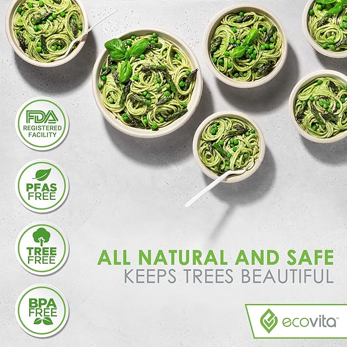 Ecovita 100% Compostable Paper Bowls [16 oz.] – 150 Disposable Bowls Eco Friendly Sturdy Tree Free Liquid and Heat Resistant Alternative to Plastic or Paper Bowls