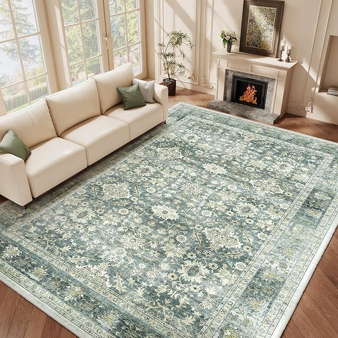 HOMFINE Machine Washable Rug 6'x9' - Vintage Design Area Rugs with Non Slip Rugs for Living Room Bedroom Floral Print Rug Carpet Stain Resistant, Home Decor Office Area Rug, Green