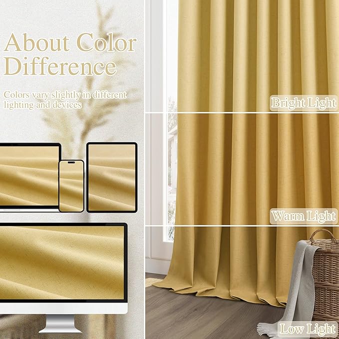 Guken Blackout Curtains 100 Inch Length 2 Panels Set for Living Room Bedroom Back Tab Thermal Insulated 100% Black Out Linen Drapes Room Darkening Window Curtains 100 Inches Long,Gold