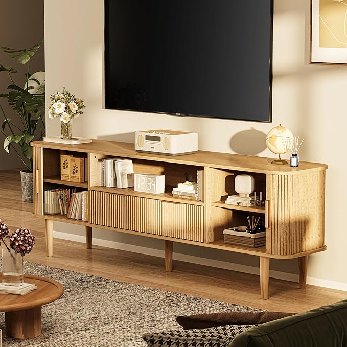 TV Stand 62.4 Inch Mid Century Modern Media Console Table with Drawer Sliding Tambour Door Farmhouse Sideboard Buffet Cabinet Fit TVs up to 75 inch Fluted Wood Entertainment Center(Oak)