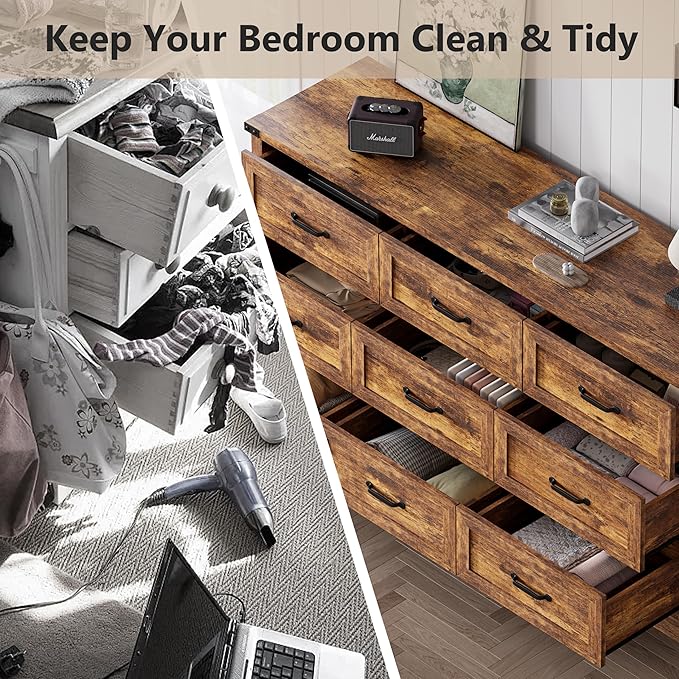 Dresser for Bedroom, 59'' Wide Wooden Chest of Drawers with Natural Wood Texture, 9 Drawer Dresser for Closet with Metal Handles, Sleek Storage Solution for Living Room, Office, Hallway, Brown