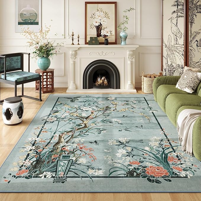 5x7 Area Rugs Chinoiserie-Style Floral Vintage Large Washable Rug Non Slip Low Pile for Living Room, Bedroom, Farmhouse, Dining Room, Kids Playroom, Blue