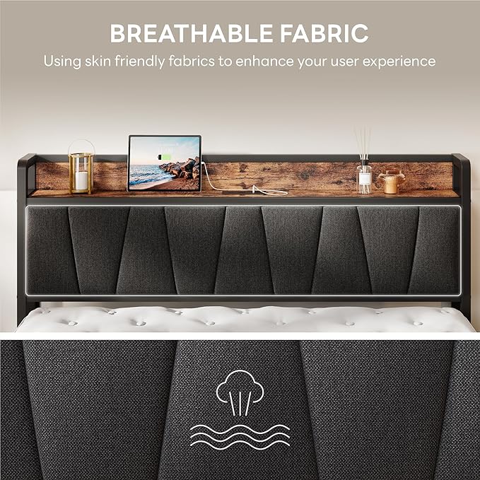 LIKIMIO Full XL Bed Frame, Storage Headboard with Charging Station, Solid and Stable, Noise Free, No Box Spring Needed, Easy Assembly