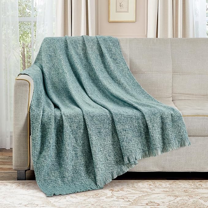 BOURINA Faux Cashmere Fringe Throw Blanket Decorative Lightweight Throw Soft Cozy for Bed or Sofa Outdoor Blanket, 50x70 Inches Teal