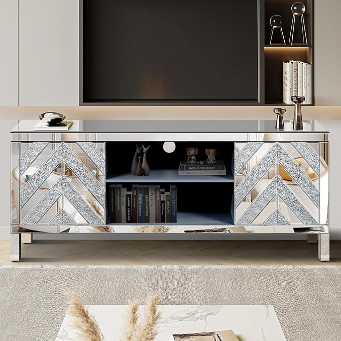 Goujxcy Mirrored TV Stand for 65+ inch TV,Sliver TV Console Table with Open Storage & 2 Storage Cabinets,Diamond Shape Mirror Doors for Living Room (A)