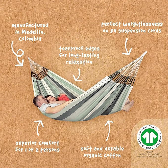 LA SIESTA Modesta Organic Cotton Indoor/Outdoor Hammock, Max 355 Lbs, 2-Person, Olive