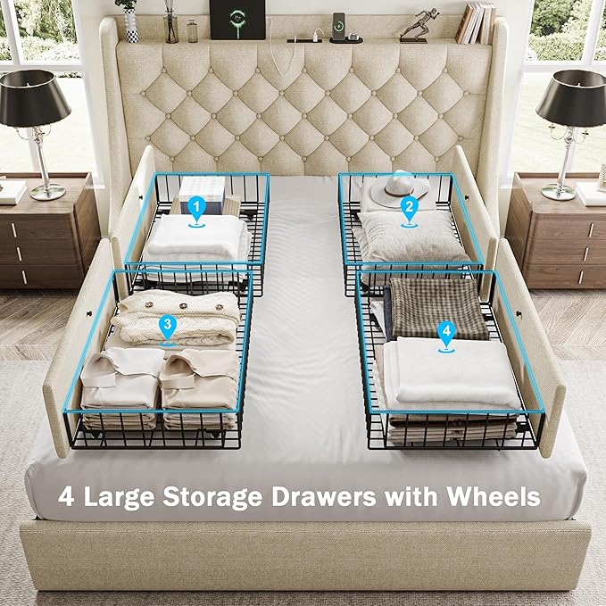 Full Size Bed Frame with 4 Storage Drawers, Large Upholstered Wingback Headboard, Fast Charging Station, No Box Spring Needed, Noise-Free, Beige