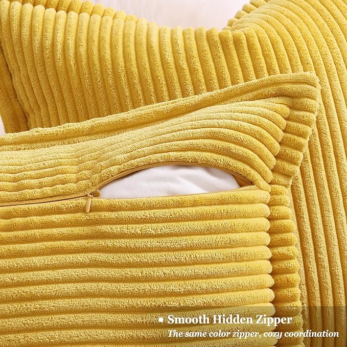 decorUhome Fall Corduroy Mustard Yellow Throw Pillow Covers 16x16 Set of 2 Decorative Soft Boho Striped Neutral Euro Farmhouse Couch Pillow Covers with Broadside for Living Room Bed Sofa