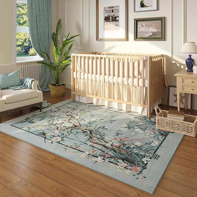 4x6 Rug Chinoiserie-Style Floral Vintage Washable Area Rugs Non Slip Low Pile Small Carpet for Bedroom, Bedside, Kids Room, Office, Dining Room, Blue